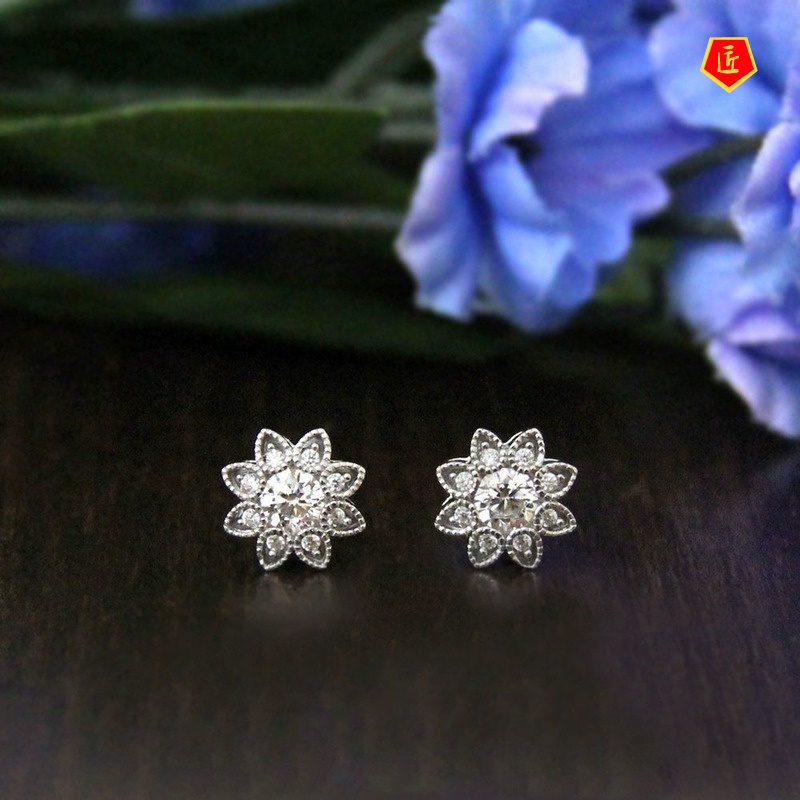 [Ready Stock]Flower Micro Inlaid with Diamond 925 Silver Stud Earrings Female Fashion