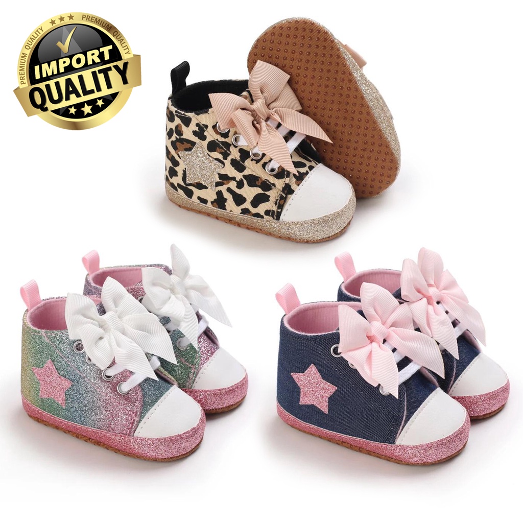 Sepatu Bayi Perempuan Import Premium Sepatu Baby Fashion Motif Bintang Sepatu Prewalker Anak Bayi Kualitas Premium Import Usia 0 - 18 Bulan