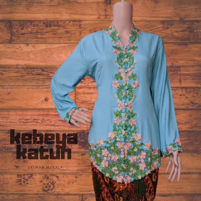 KEBAYA MODERN KATUN TANGN PANJANG KEBAYA ENCIM BORDIR WARNA-BIRU TELOR ASIN
