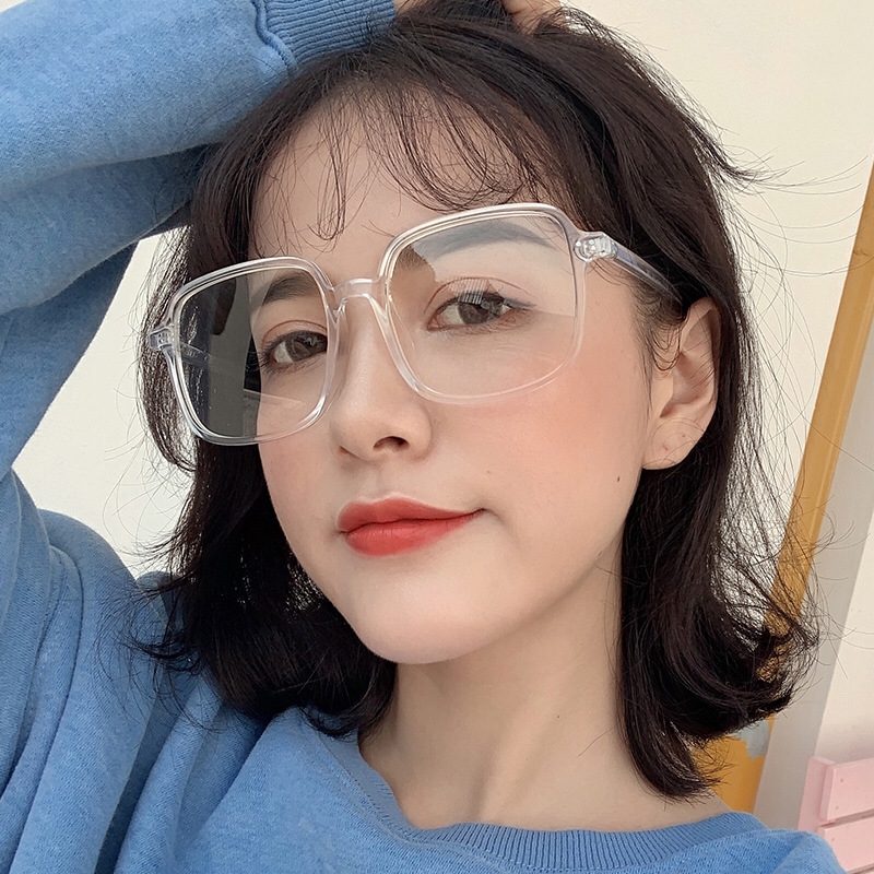 Kacamata Optik Lensa Flat Bening Frame Kotak Oversized Gaya Retro