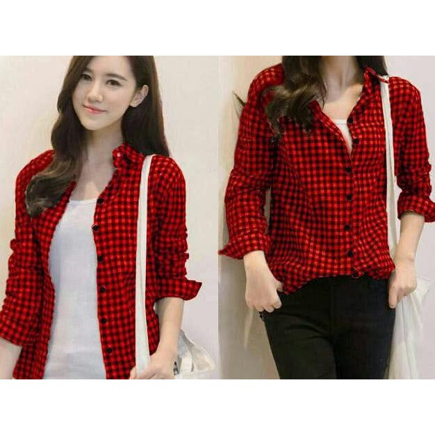 PROMO km kotak red RO kemeja wanita katun merah -  FASH1946