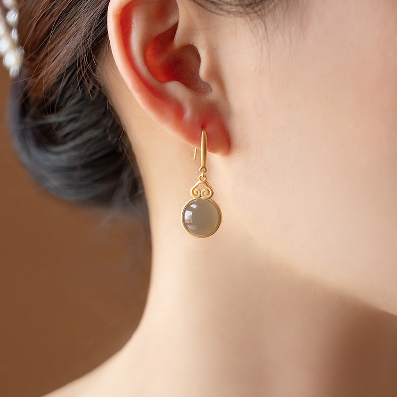 Anting Giok Hetian Alami Bahan Sterling Silver Untuk Wanita