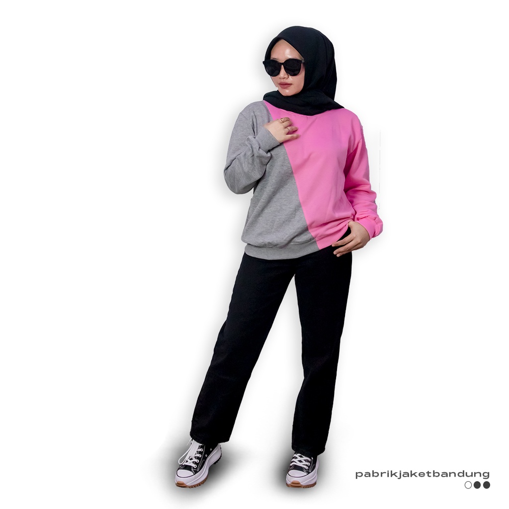 Slash Sweatshirt Kombinasi PINK_ABU || SWEATER  CRAWNECK BASIC WANITA FASHIONABLE