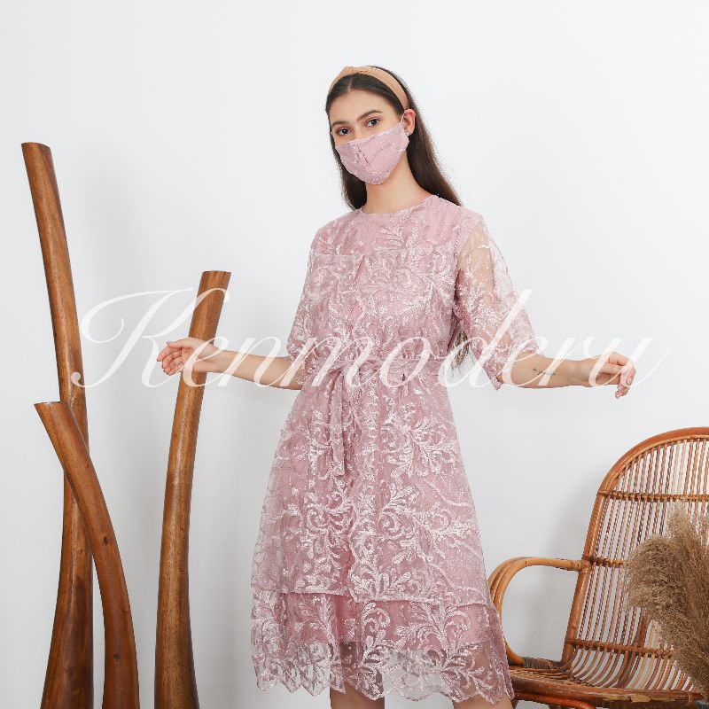 Ken-166 Dress Kondangan brukat Pesta Midi Wanita Mewah Premium Belah Tengah A Line dress Style Korea Look Style full Tulle Brukat Premium Free Ikat Pinggang