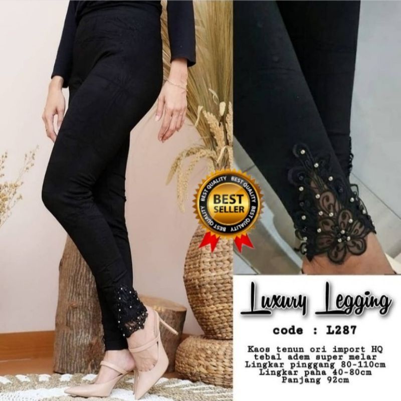 ☄️COD☄️ Legging Wanita Premium Import Kekinian Brukat+Mutiara / Celana Legging Hw Wanita