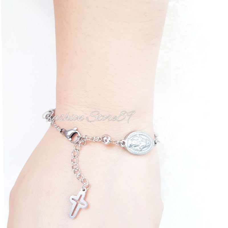 Gelang rosario Bunda Maria Salib Jurai Titanium Silver Gold Antikarat fashion wanita