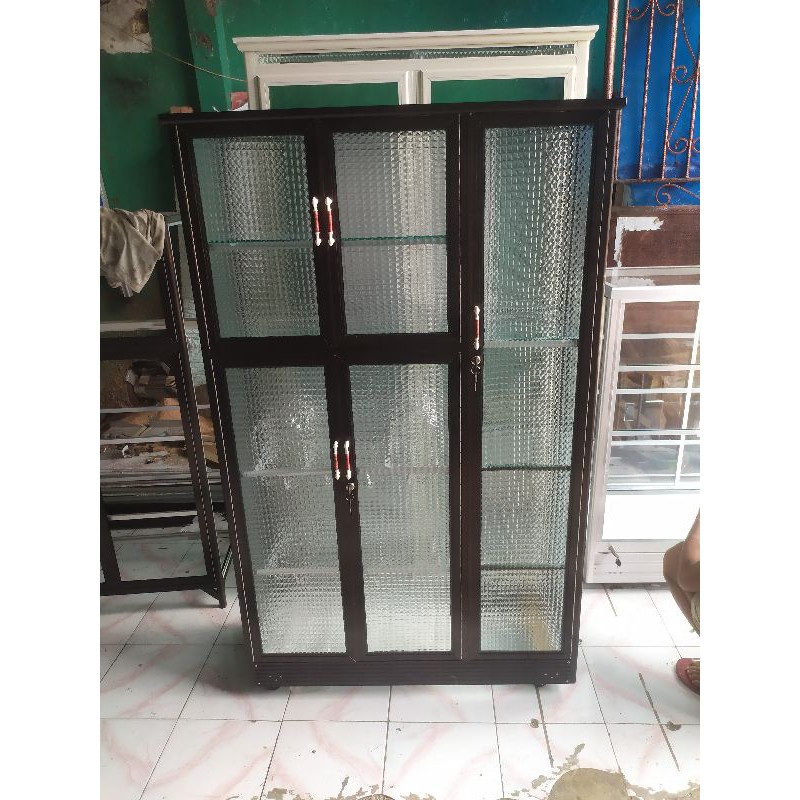 rak piring kaca 3 pintu roda/ rak piring kaca pintu 3 /rak piring almunium