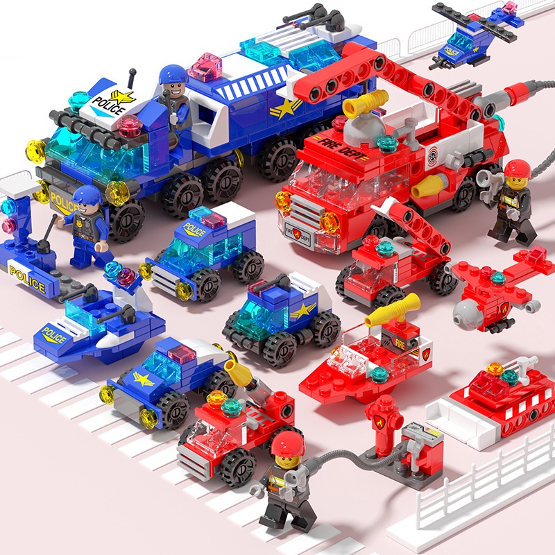 6in1 3d Pemandangan Jalan Kota Truk Pemadam Kebakaran Truck Castle Mainan Edukasi Model Blok Bangunan