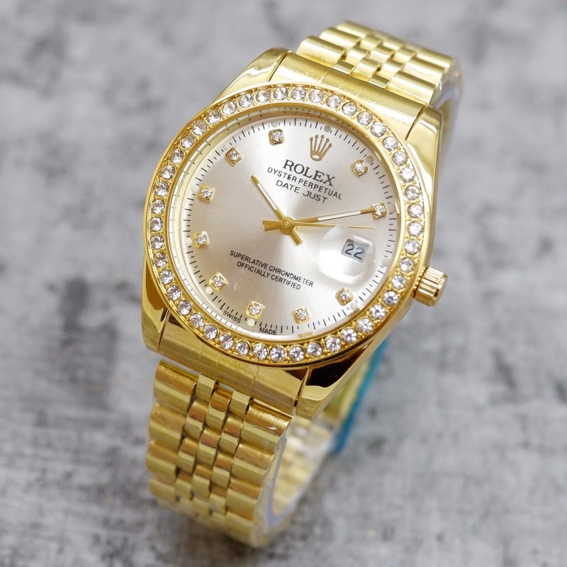 Jam Tangan Wanita Rolex Original Tali Rantai Motif Mata / Gerigi Tanggal Aktif Free Box Rolex & Bate