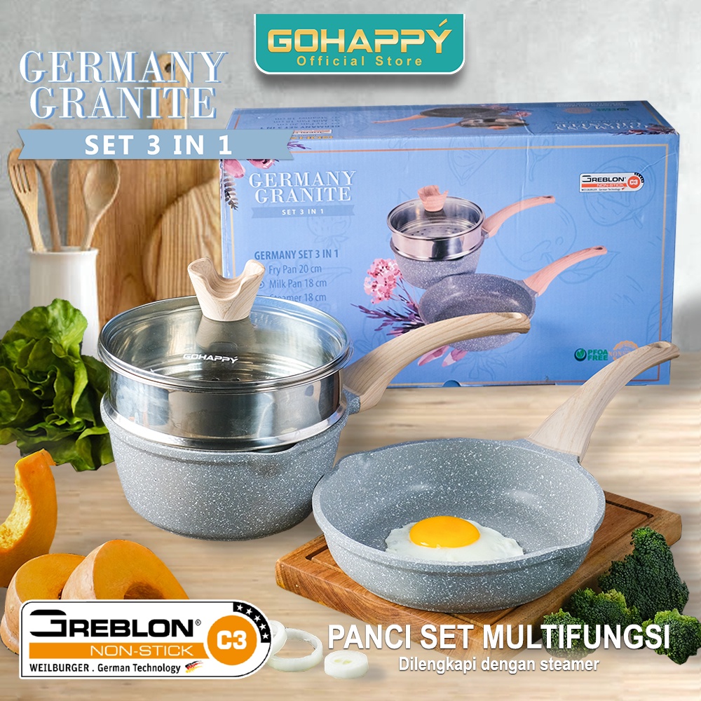 MIZUKI Set 3 in 1 Ligh Grey Germany Granite Gohappy Panci bayi anak Milk Pan 18cm fry pan 20cm MPASI AMAN Bebas PFOA