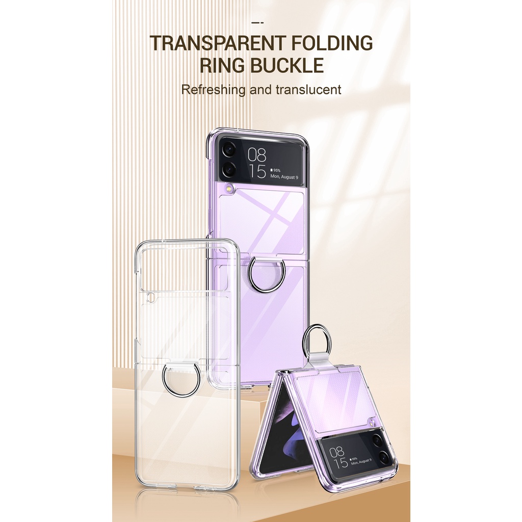 Casing Hard Case Bahan PVC Frosted Transparan Ultra Tipis Anti Jatuh Dengan Ring Holder Untuk Samsung Galaxy Z Flip 3