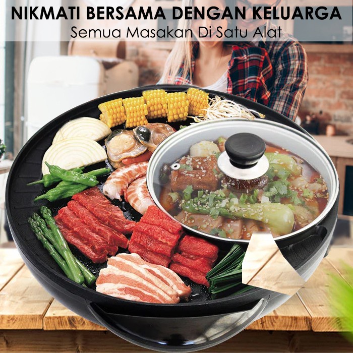 GRILL PAN LISTRIK BULAT JUMBO BBQ HOTPOT KOREA JEPANG STEAMBOAT TEPPANYAKI ANTI LENGKET HOT POT BBQ 2 IN 1 BAKAR BAKSO Sate Sosis Rebus Goreng Bakar Panci Listrik Barbeque Steamboat Teppanyaki Panggangan