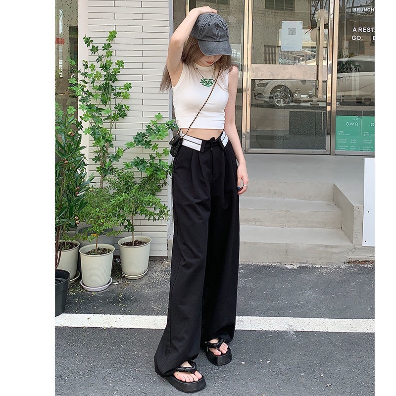 BAOHUAN ~ Korea Hong Kong Abu-abu flanging sesuai dengan lebar kaki celana wanita musim panas pinggang tinggi ruangan mengepel celana kasual celana