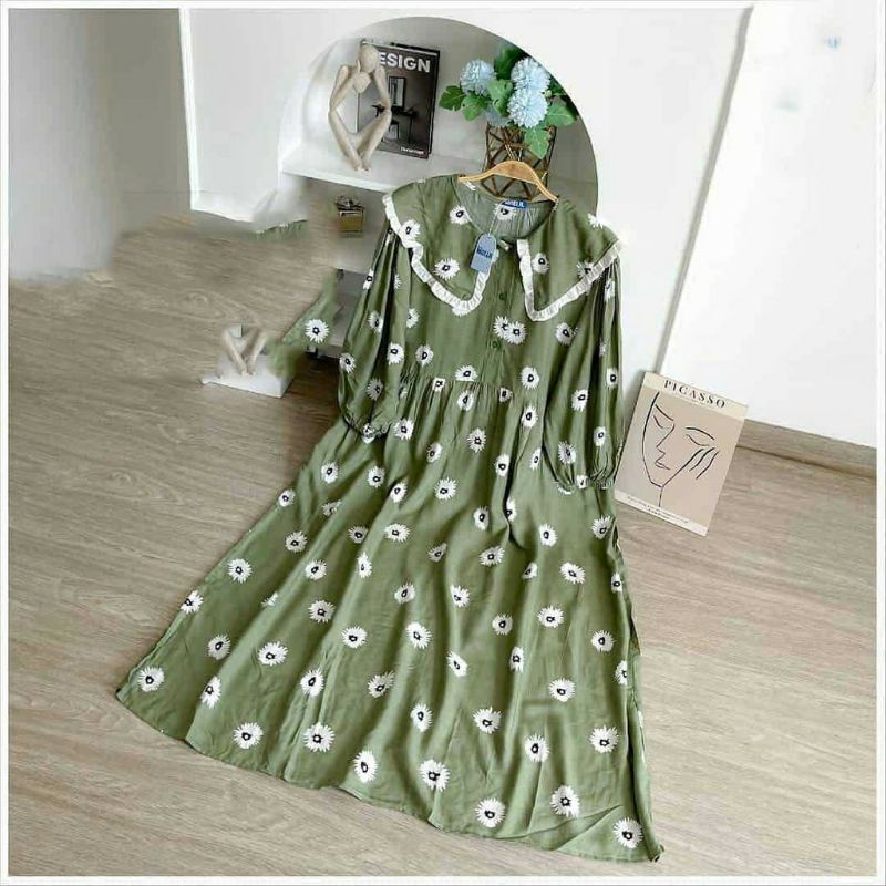 DRESS BUSUI RESLETING ARMY | MIDI RAYON MORI MOTIF BUNGA PUTIH | GAMIS KERAH RENDA