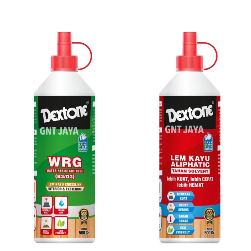 

lem kayu DEXTONE aliphatic WRG 500gr water resistant glue B3/D3 crosslink tahan air solvent interior exterior rekat kuat tahan lama cepat kering 500 gram gr merah hijau