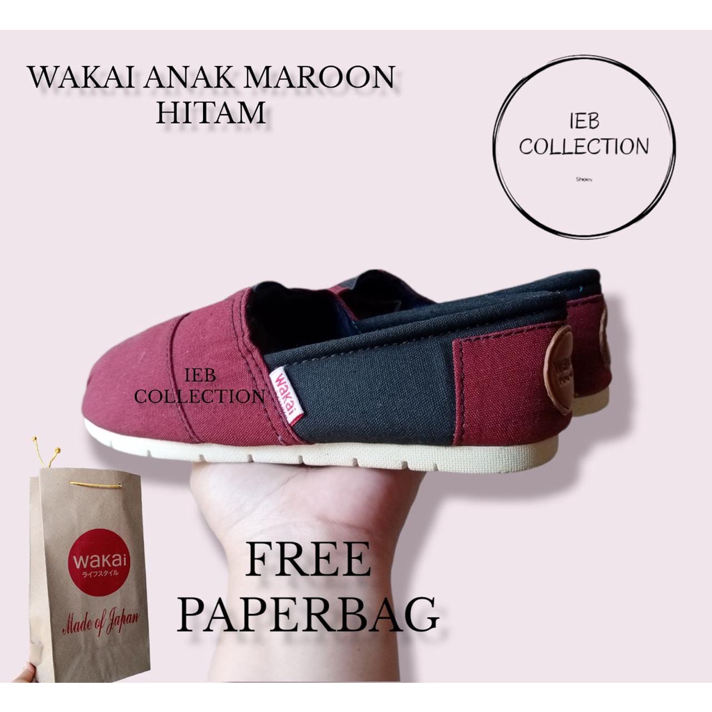 sepatu wakai slip on anak maroon hitam unisex size 25-35