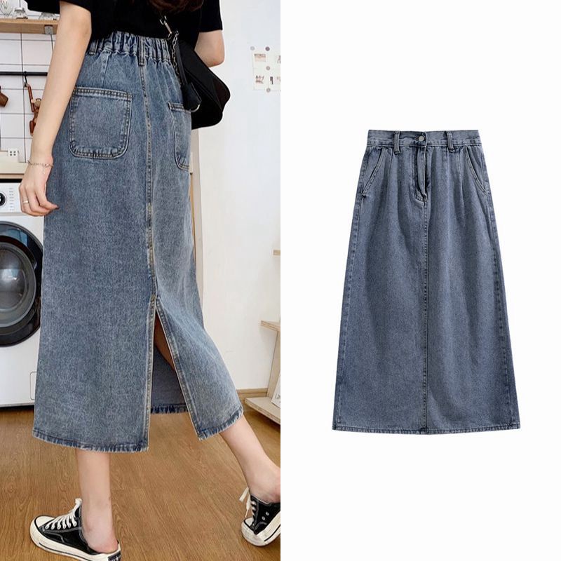 Rok midi A-line denim high waist all-match skirt Korea style baru wanita