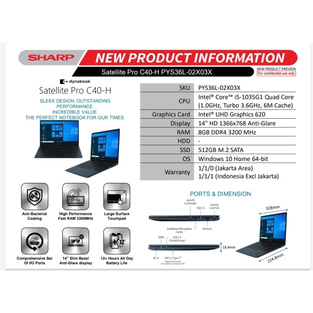 LAPTOP SHARP DYNABOOK SATELLITE PRO C40-H PYS36L-02X03X