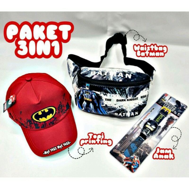 COD paket 3in1 tas selempang anak topi jam betmen waistbag anak karakter superhero