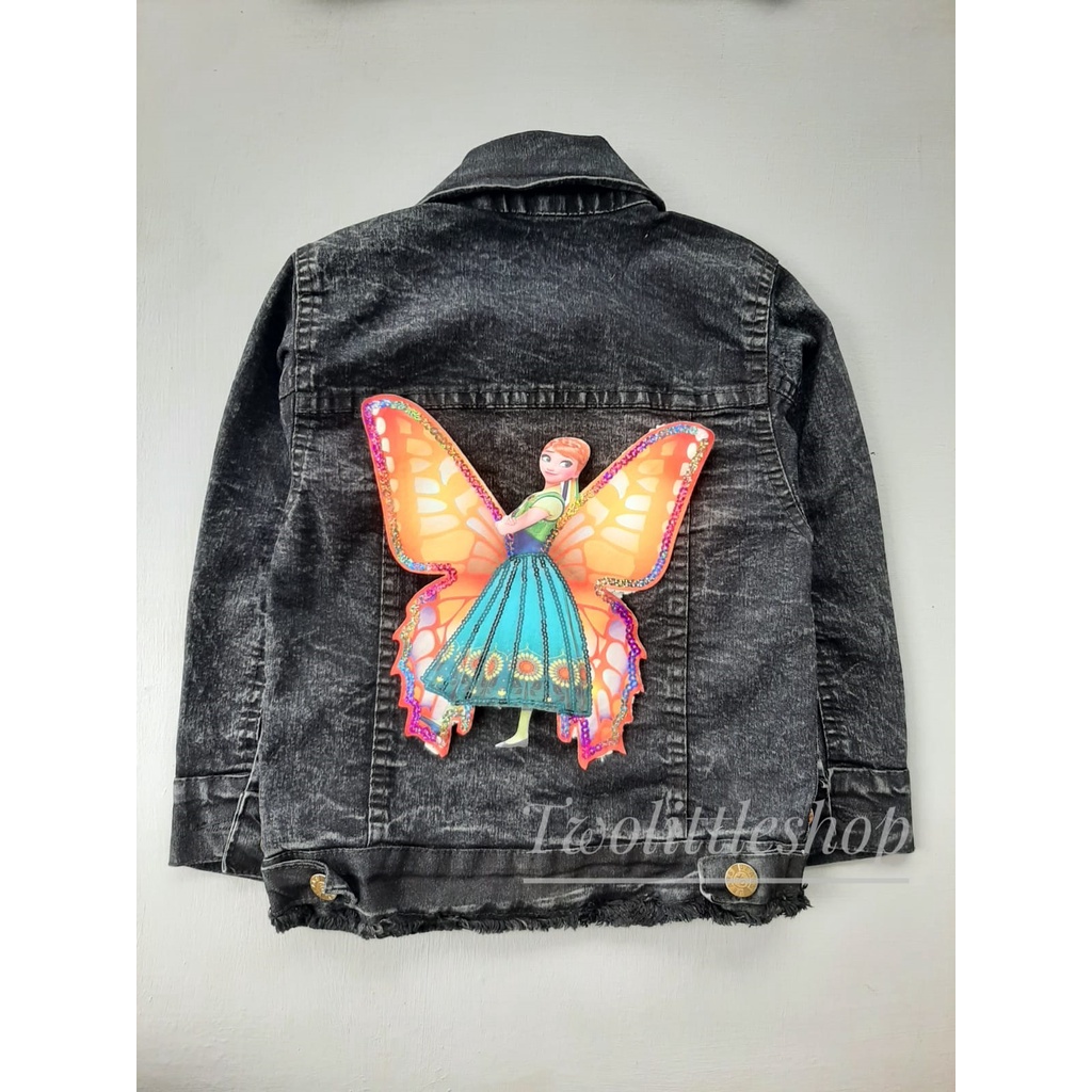 JAKET JEANS ANAK BLUE SANDWASH, BLACK SANDWASH, BIOBLITZ, BIOWASH MOTIF KUPU-KUPU