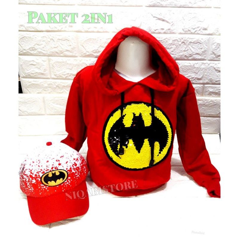 paket 2in1 switer hoodie anak dan topi anak motif batman spiderman LED bisa nyala hoodie anak sweater hoodie