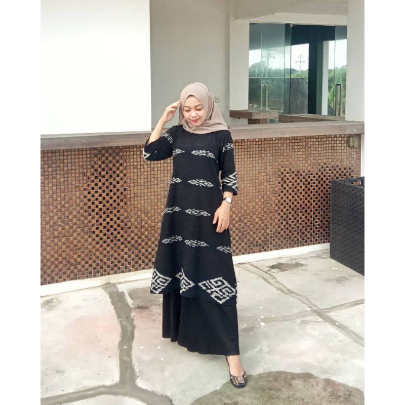 Dress Tenun/ Tunik Tenun Tunik Etnik/Long tunik/Long Dress Baju wanita syar'i warna hitam