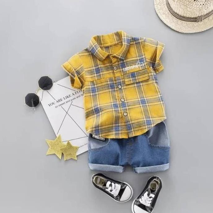 setelan baju baby kemeja kotak kotak kuning casual keren