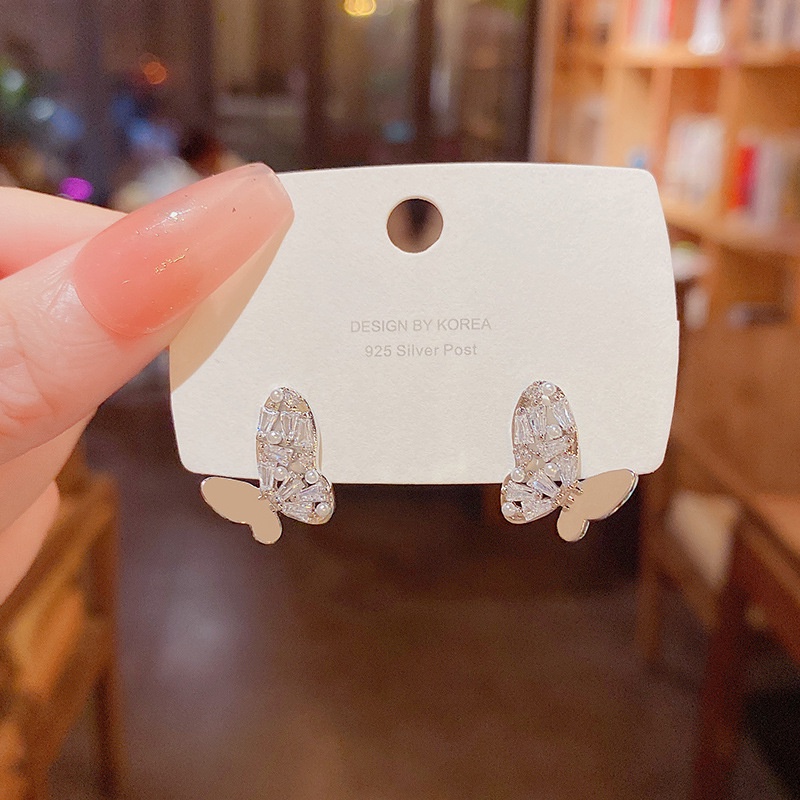 Anting Tusuk Sterling silver 925 Desain Kupu-Kupu Hias Kristal Zircon Mewah Untuk Wanita