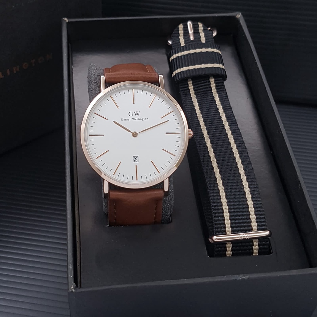 Jam Tangan Fashion Wanita / Pria DW7100TT Tanggal Aktif Tali Kulit Free Tali Kanvas , Box Original &