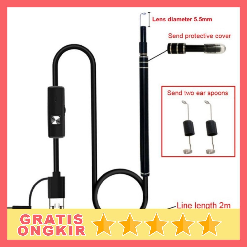 GS8 Korek Kuping 3 in 1 Kamera Endoscope HD Visual USB Earpick with 6 LED JC 7MM 5MM Black