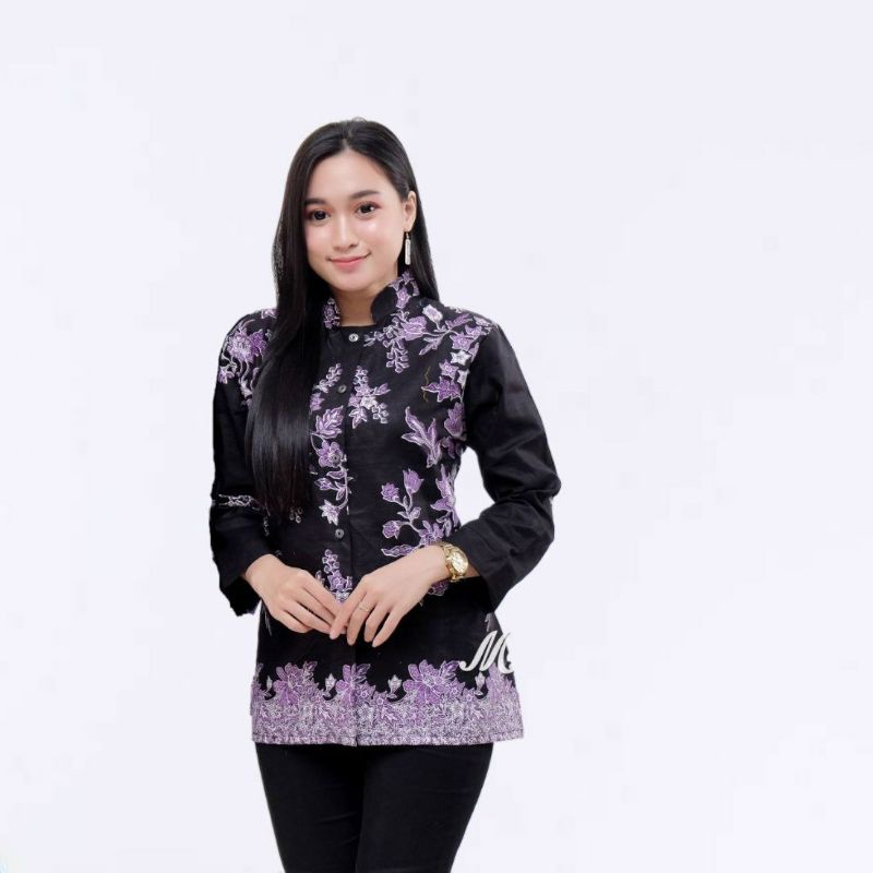 tey-17 Batik wanita ASJ SA HRB026 Kenongo Kemeja Tosca Pendek-B bunga ungu