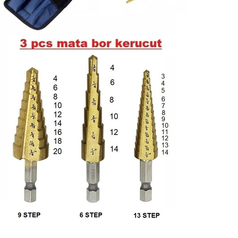 ♦ MATA BOR PAGODA HSS BOR KERUCUT STEP DRILL BOR SET TITANIUM BOR BESI KAYU MULTI STEP ➦
