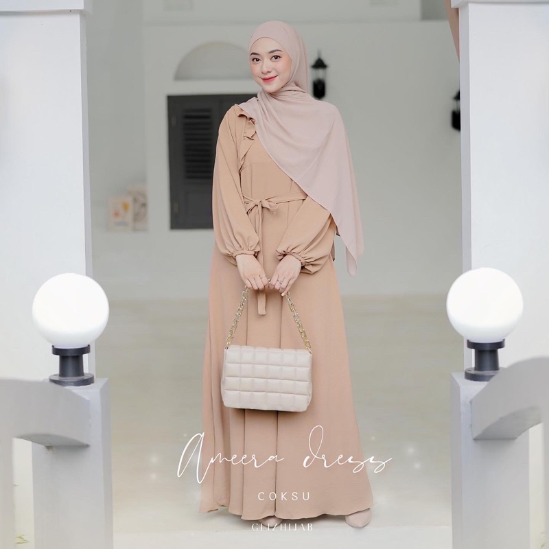 GlizHijab | Ameena Dress | Gamis Remaja Muslimah Terbaru Fashion Wanita Gamis Cringkle Ukuran XS - JUMBO-Coksu