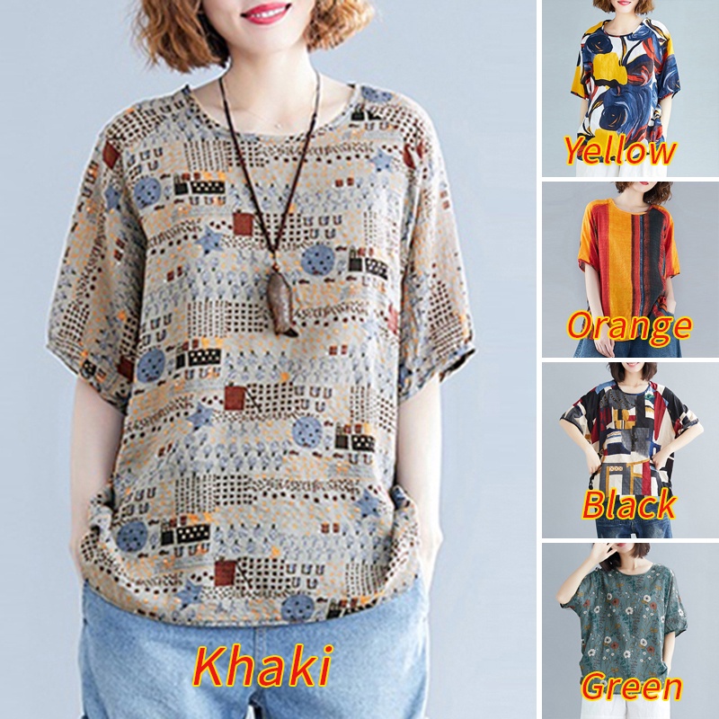 ZANZEA Women Short Sleeve Printed Vintage Casual Loose Blouse