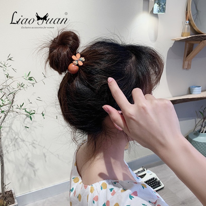 Ikat Rambut Wanita Karet Aksen Bunga Dengan Manik-Manik Lucu Varian Warna Gaya Korea Import