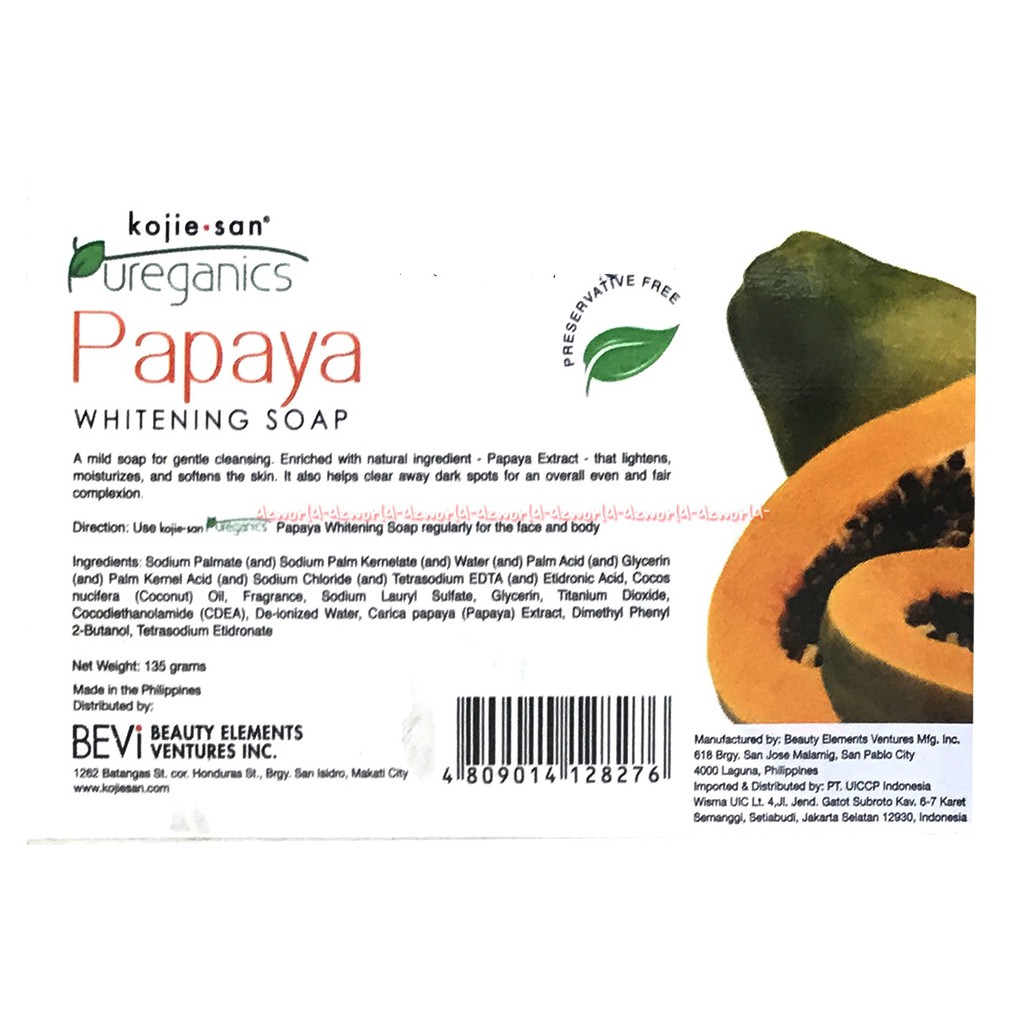 Kojie-San Pureganics Papaya Whitening Soap 135gr Sabun Kojiesan Pepaya Untuk Mencerahkan Memutihkan Kulit Kojie San Koji San Pure Organic Bahan Pepaya Orange Papaya Soap