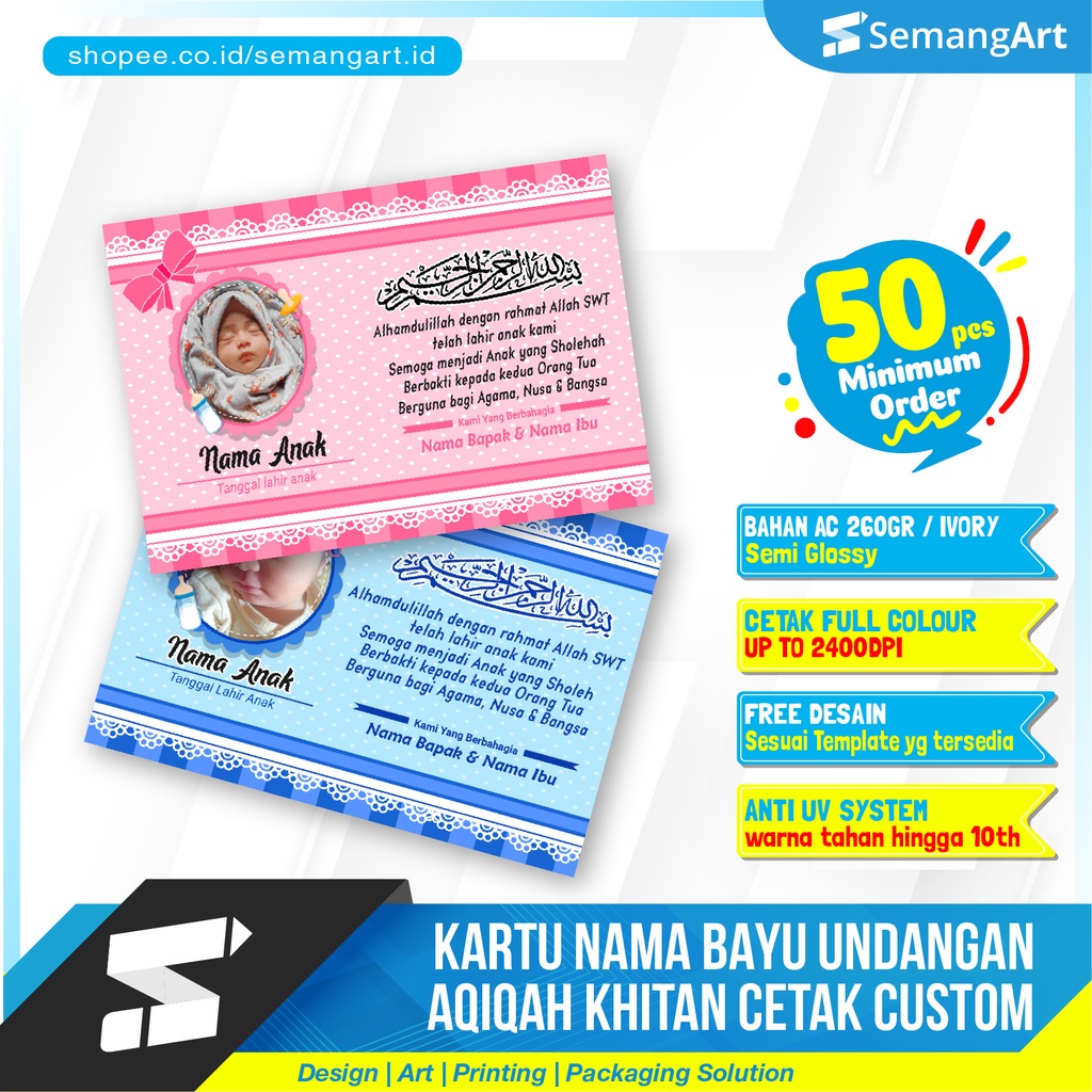 Kartu Undangan Aqiqah Nama Bayi  / Khitanan Cetak Desain Custom