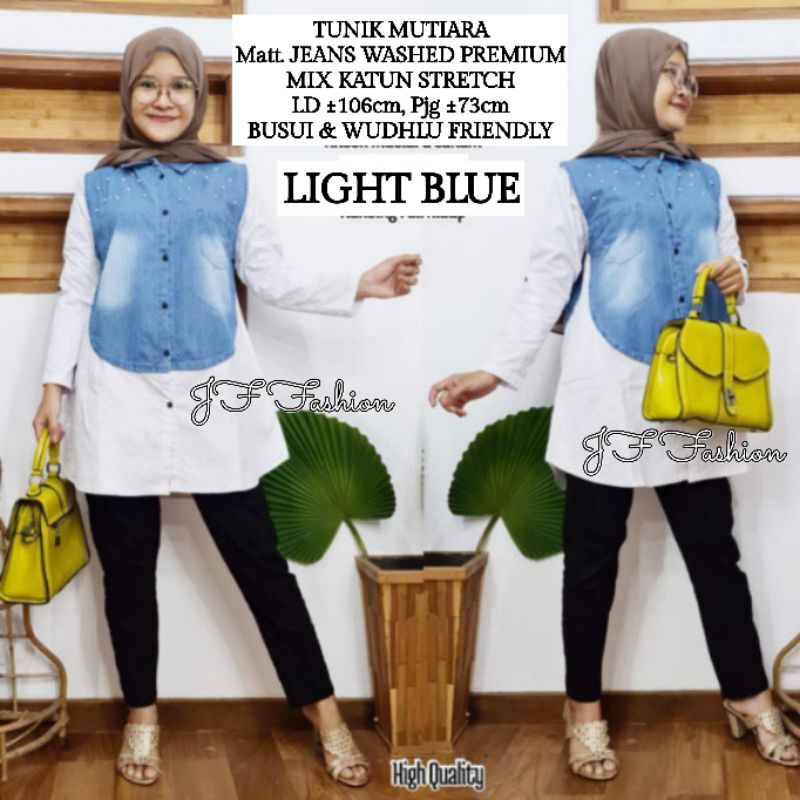 FAUZIA BLOUSE JEANS MUTIARA (LD ±106cm) / Blouse Wanita / Blouse Mutiara / Blouse Denim