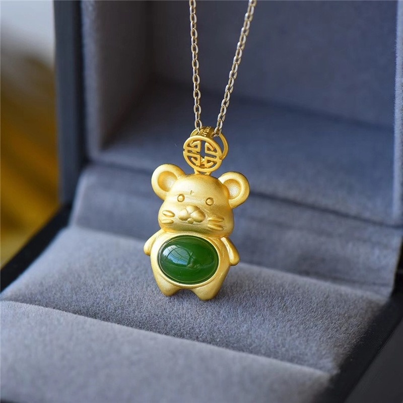 [Ready Stock]Fashion Gold-Plated Inlaid Jade Cute Mouse Color Pendant Necklace