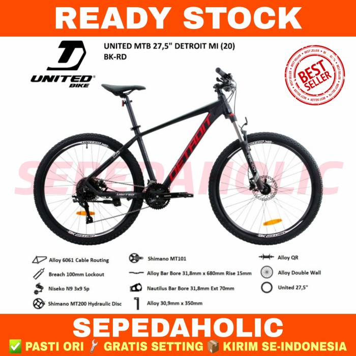 Sepeda Gunung 27.5 Inch MTB UNITED DETROIT MI Alloy 3x9 Speed Hidrolik - BK RD, Size 29"