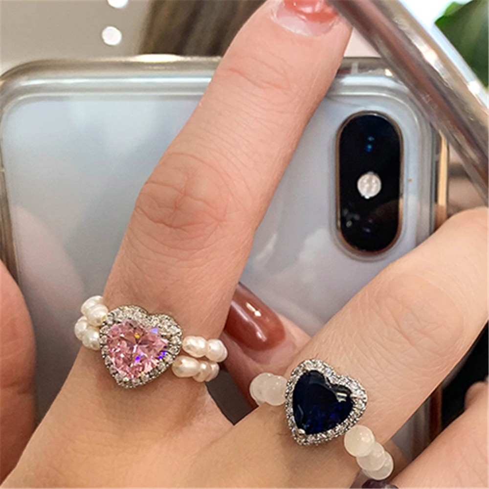 Cincin Elastis Adjustable Bentuk Hati Aksen Berlian Imitasi Untuk Wanita