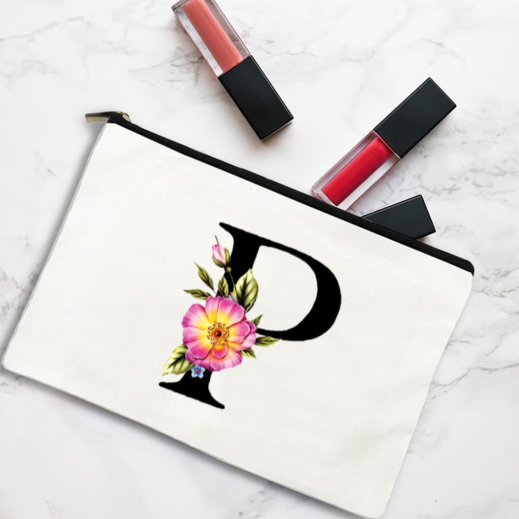 Pouch Kanvas Tas Kosmetik Besar Dompet Wanita Import Sablon Dtf Digital Huruf Bunga Karakter Original