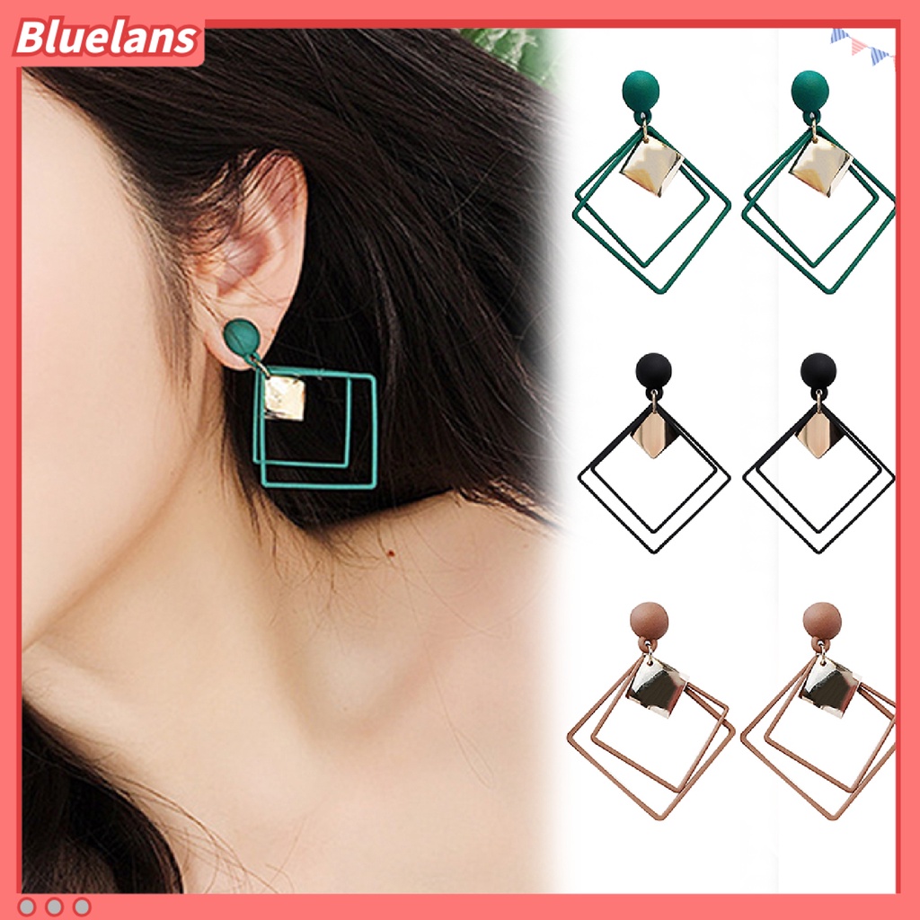 Bluelans 1 Pasang Anting Tusuk Gantung Wanita Bahan Alloy Desain Persegi Ganda Untuk Hadiah