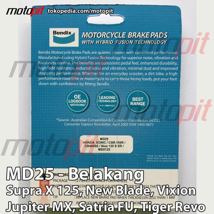 kampas rem belakang suprax 125, satria fu, new vixion, bendix md25