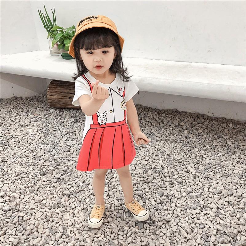 Dress Katun Casual Bayi Anak Perempuan Lengan Pendek Gambar Kartun Lucu Untuk Musim Panas Pantai