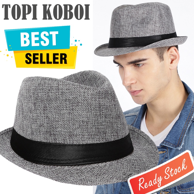 Topi Koboy Laken Pria Dewasa Fedora Koboi Tompi Vintage Cowboy Cap Coboy Jazz Panama Keren Jerami Po