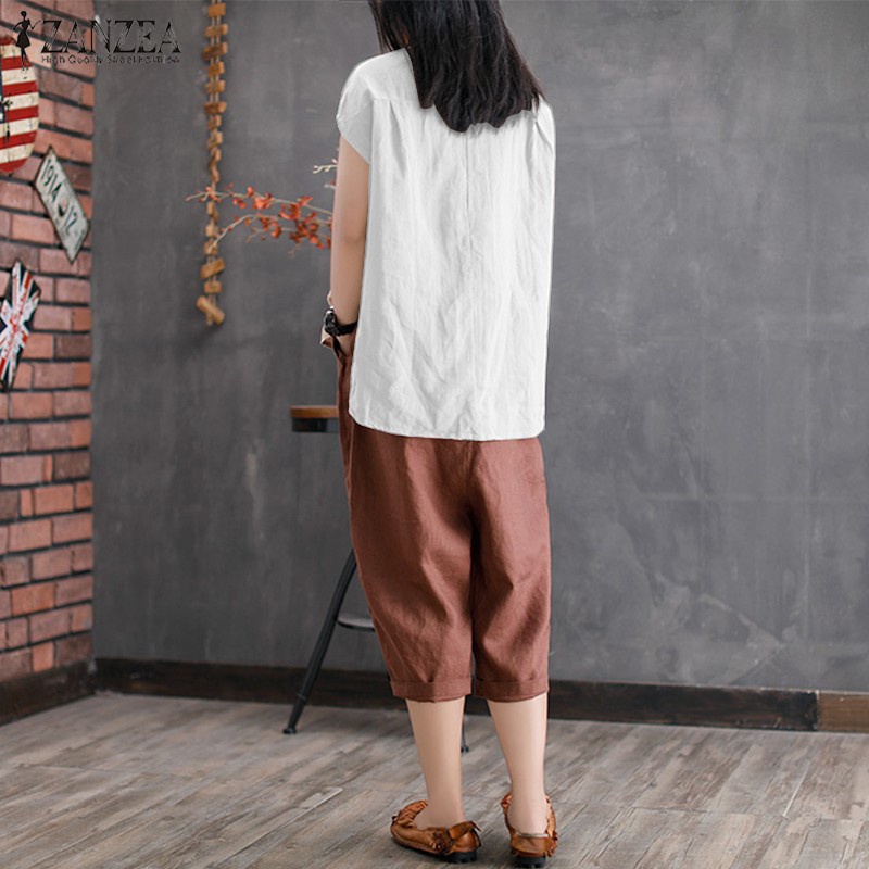 ZANZEA Women Summer Vintage Button Down Collar Plain Tops