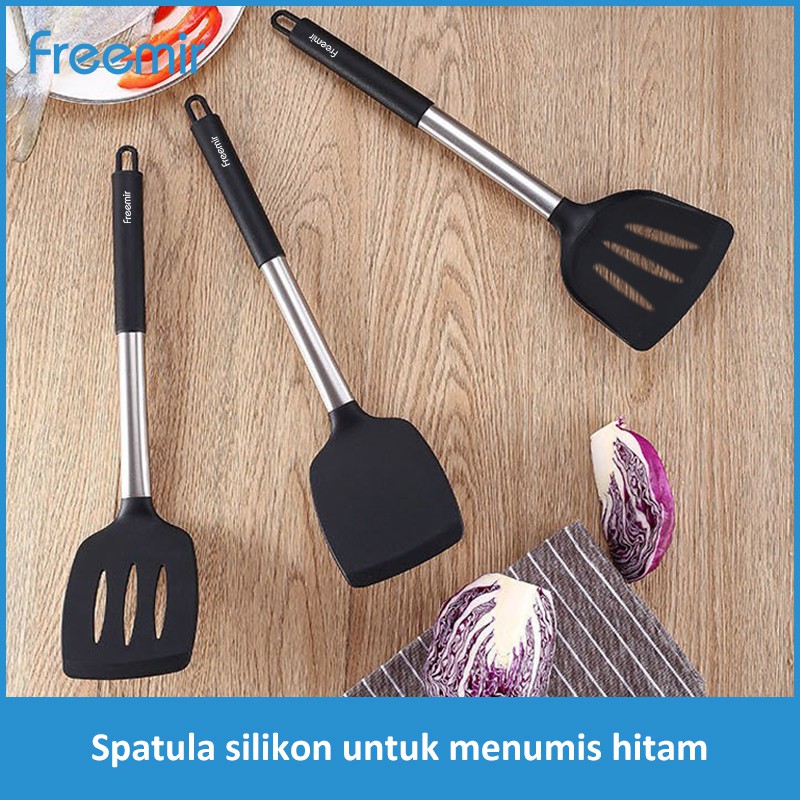 freemir Sendok Spatula Silikon Sutil Slotted Peralatan Masak Stainless Food Grade Utensil Hitam