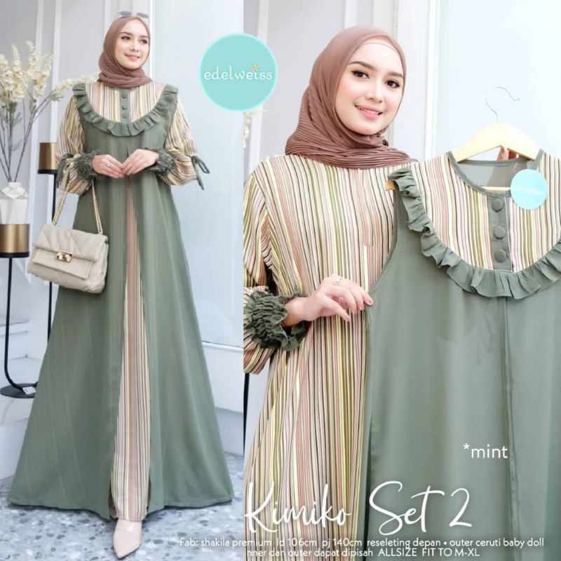 Cod Kimiko Set/gamis premium/gamis korea style kekinian/gamis cardi pisah/gamia syakila mix outer ce
