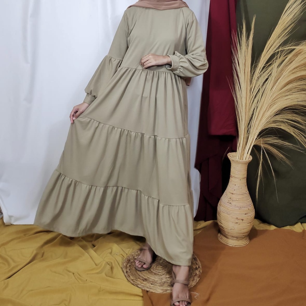 Gamis Wanita Lengan Panjang Fashion Muslim Devi Fit  L-XL Lingkar Dada 100cm Panjang 130cm-DEVI OliveMuda
